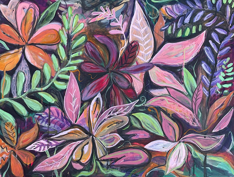 Flower Painting, acrylic and oil on canvas, 11" X 24"